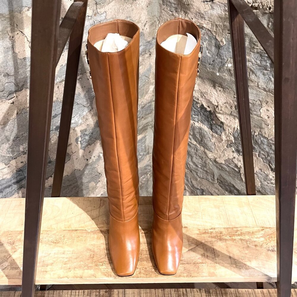 Jimmy Choo Tan Leather Mahesa 100 Knee High Logo Boots - Picture 3 of 11